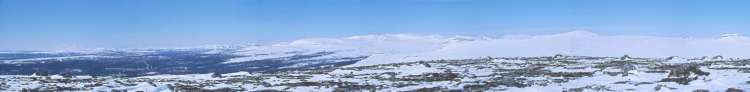 Vy från Västra Barfrehågna över de närmaste fjällen som omger Grövelsjön.
Västra Barfrehågna r en del av Långfjället och ligger på dalgångens östra sida. Höjd över havet 1014 m.